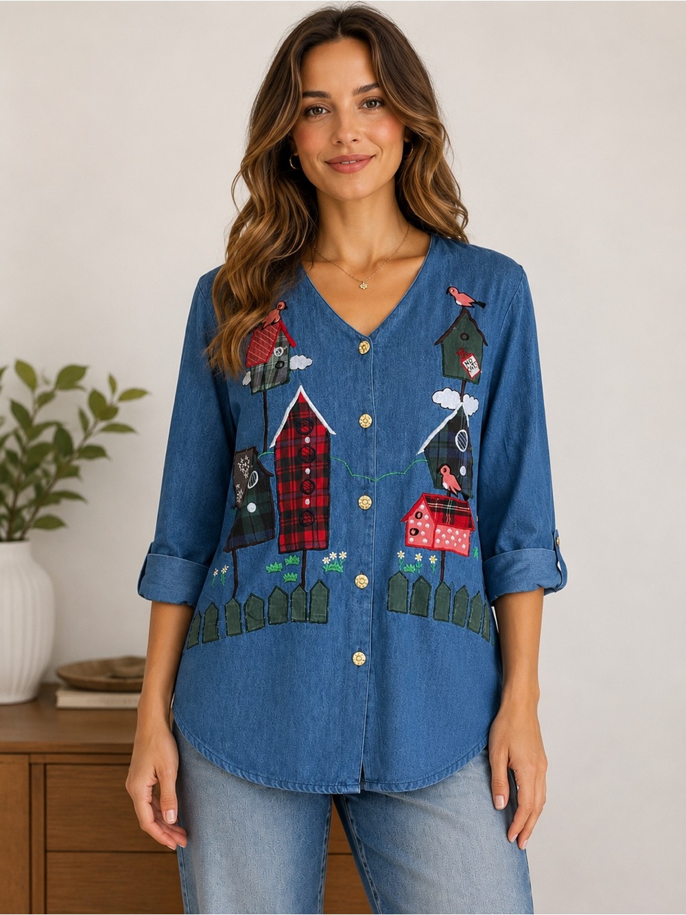 Vintage Country Wear Shirt 8 Medium Birdhouse Birds Appliqué Denim Cottagecore